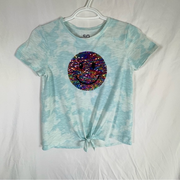 So Girls Light Blue Tie Dye Sequin Flippies Peace Smiley Face Knot Front Tee - Picture 2 of 4